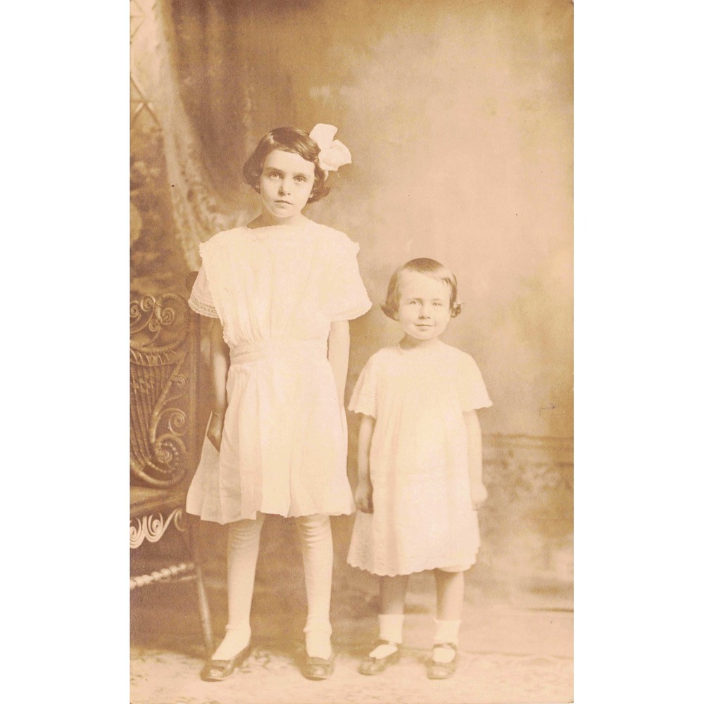 RPPC Real Photo Postcard Two Girls White Dresses Studio Portrait c1910 AZO - Picture 1 of 2